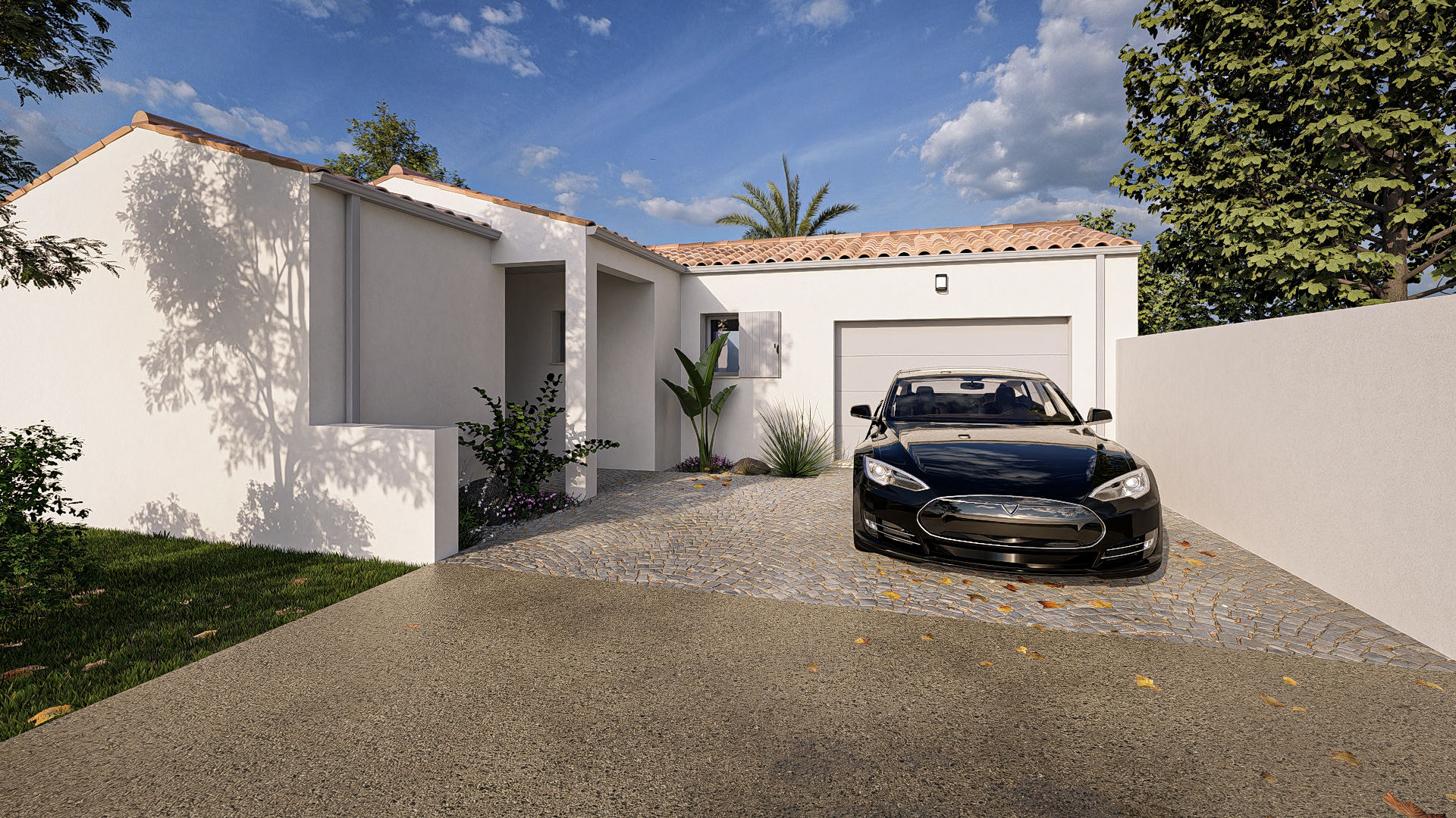 Vue 3D de la façade avec garage, HM-630-P, maison neuve d'environ 110 m², 3 chambres et 2 salles de bains, Hello Maison constructeur de maisons clé en main près de La Rochelle
