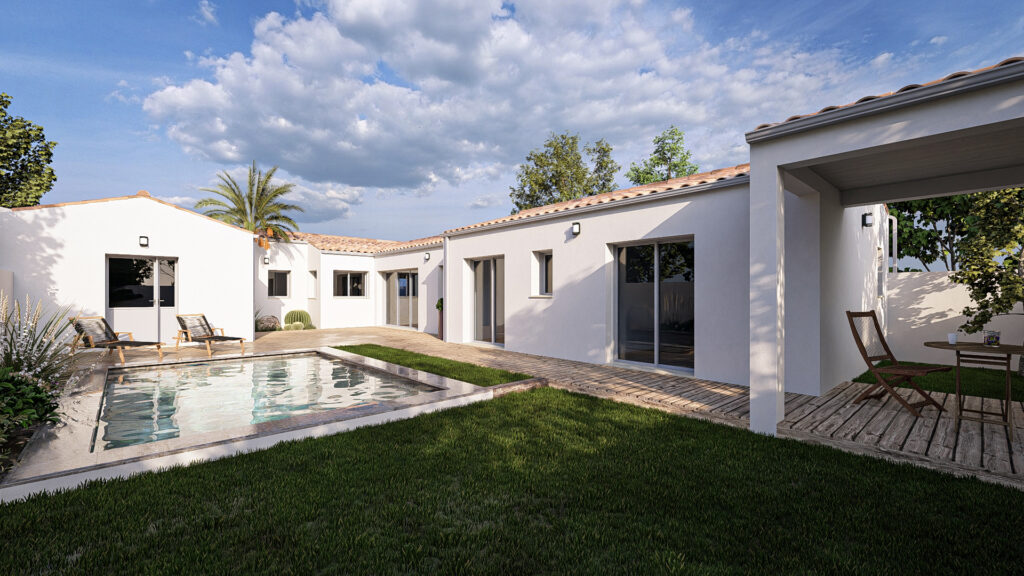 Vue 3D de la terrasse avec piscine, HM-630-P, maison neuve de 113 m², 3 chambres et 2 salles de bains, Hello Maison constructeur de maisons neuves en Charente-Maritime