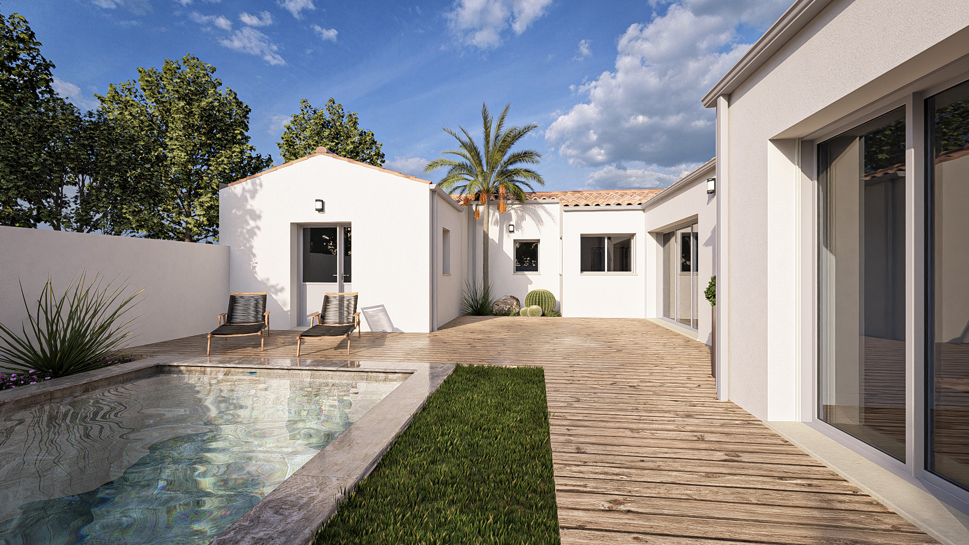 Vue 3D de la terrasse avec piscine, HM-630-P, maison neuve d'environ 110 m², 3 chambres et 2 salles de bains, Hello Maison constructeur de maisons à La Rochelle