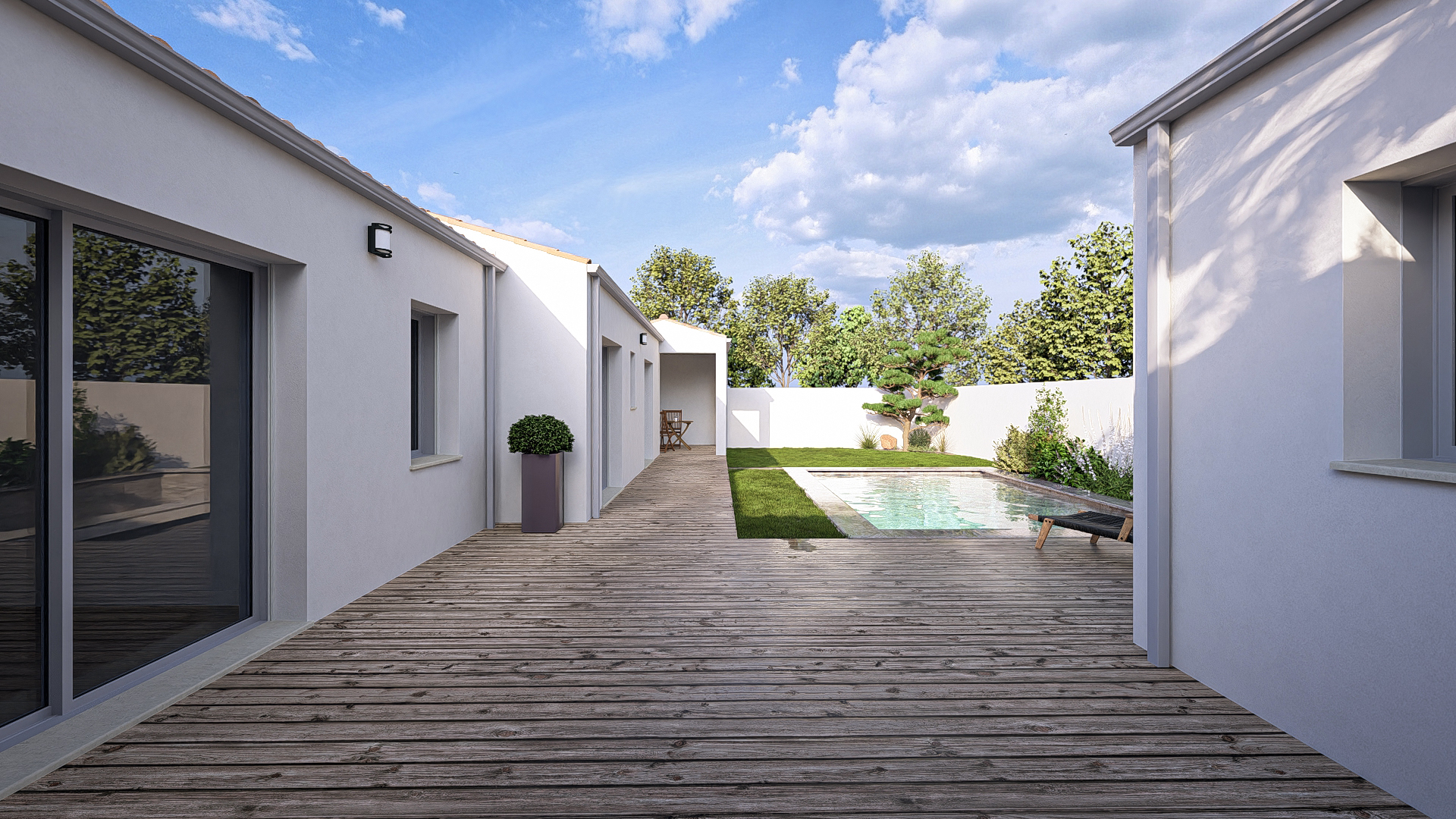 Vue 3D de la terrasse avec piscine, HM-630-P, maison neuve de 113 m², 3 chambres et 2 salles de bains, Hello Maison constructeur de maisons neuves en Charente-Maritime