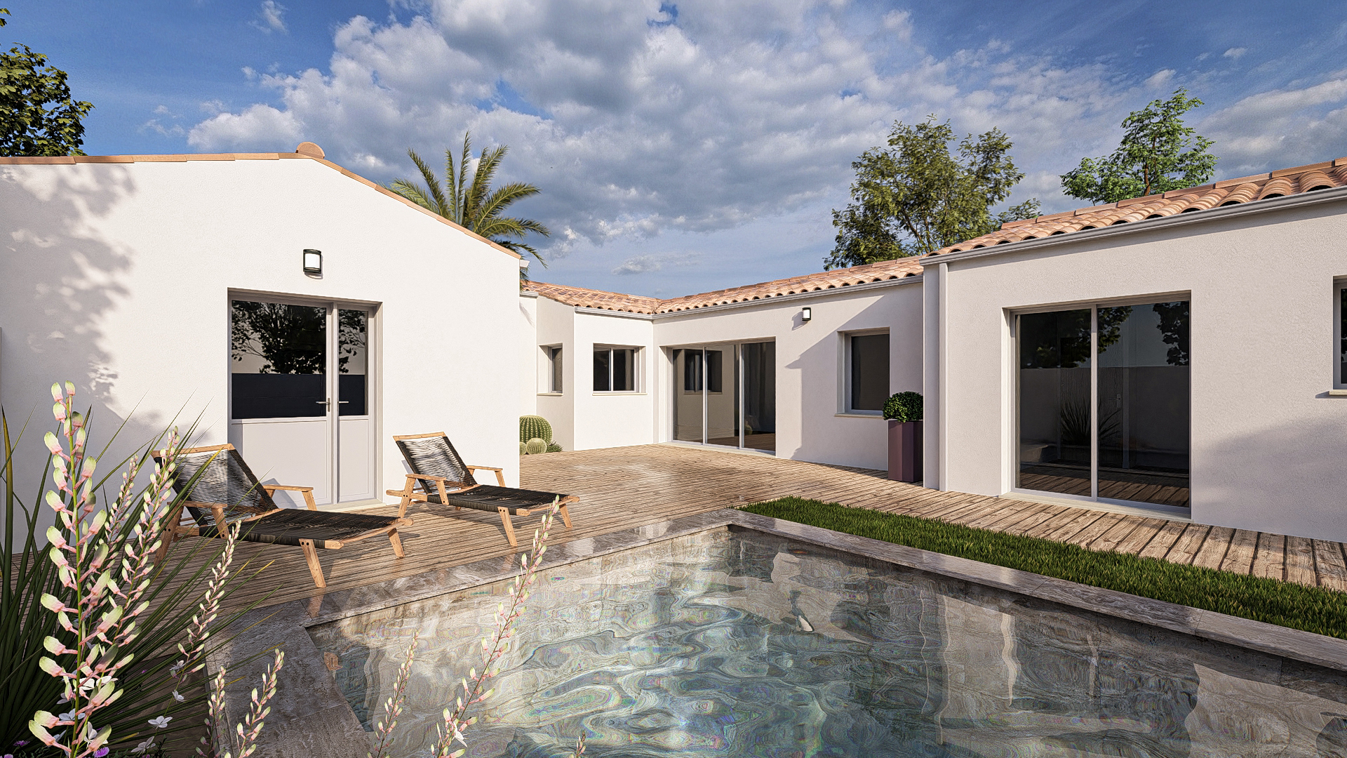 Vue 3D de la terrasse avec piscine, HM-630-P, maison neuve d'environ 110 m², 3 chambres et 2 salles de bains, Hello Maison constructeur de maisons à La Rochelle